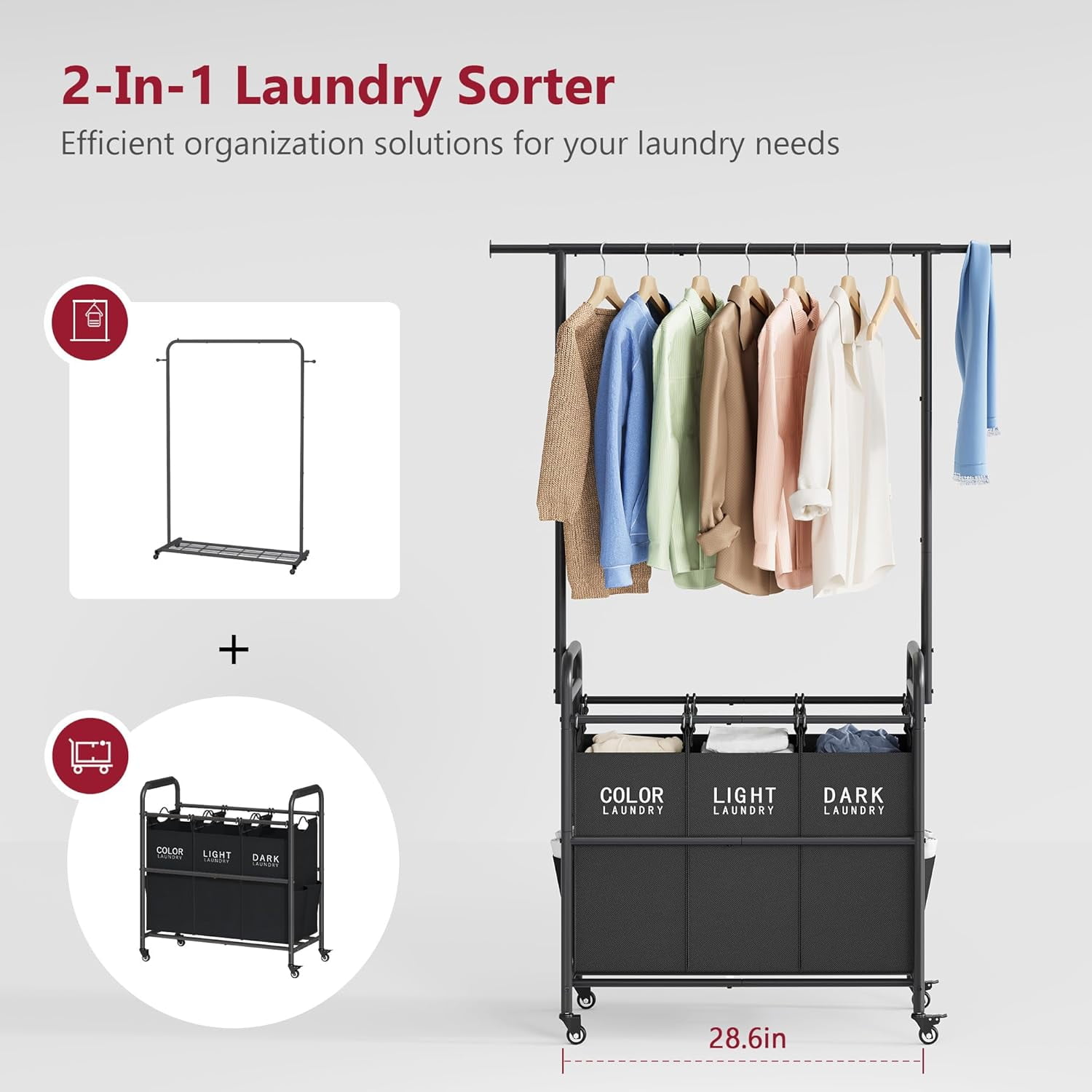 Laundry Sorter Cart with Hanging Rack, Laundry Sorter 3 Section, Laundry Hamper with Heavy Duty Rolling Lockable Wheels, Black
