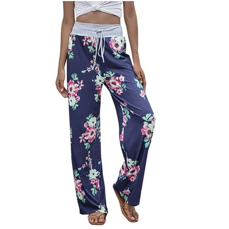 

YYDGH Women s Comfy Casual Pajama Pants Floral Print Drawstring Palazzo Lounge Pants Wide Leg Trousers Navy Blue L