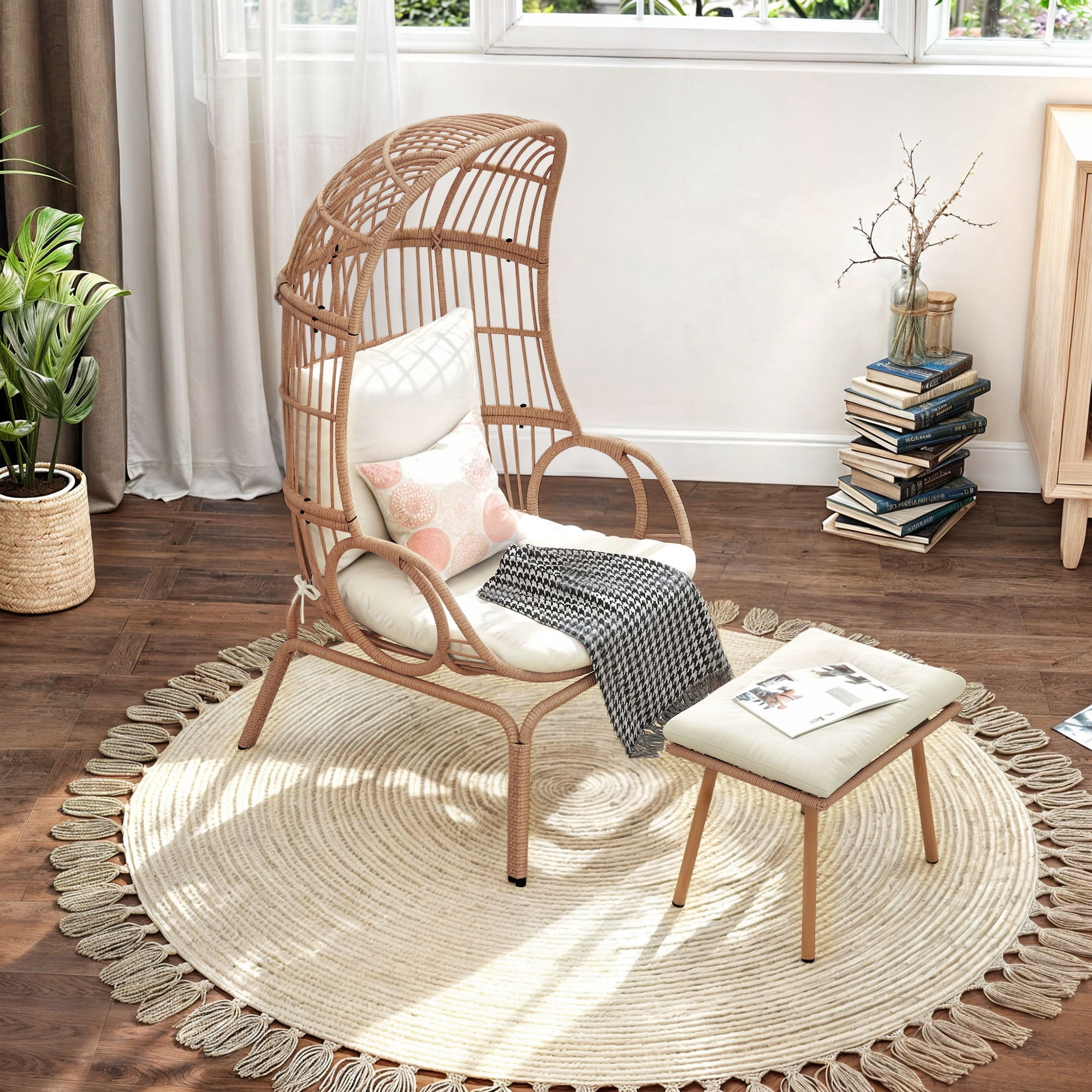 Uforic Patio Wicker Egg Chair with Ottoman, Outdoor Basket Lounge Chair with Footrest & Cushion - Beige