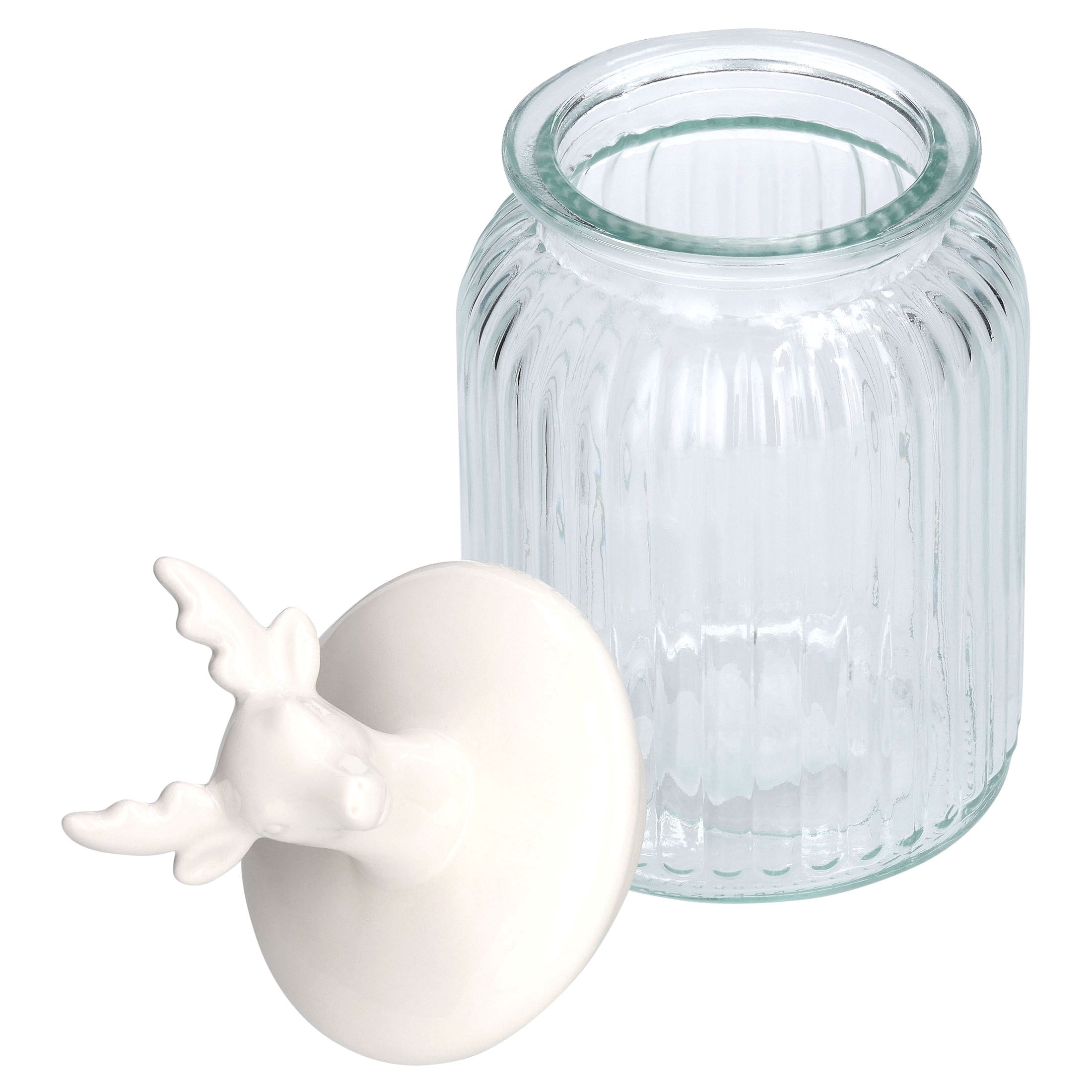 Glass Jar with Ceramic Deer Head Lid Christmas Decoration, Clear and White, 8.8", by Holiday Time