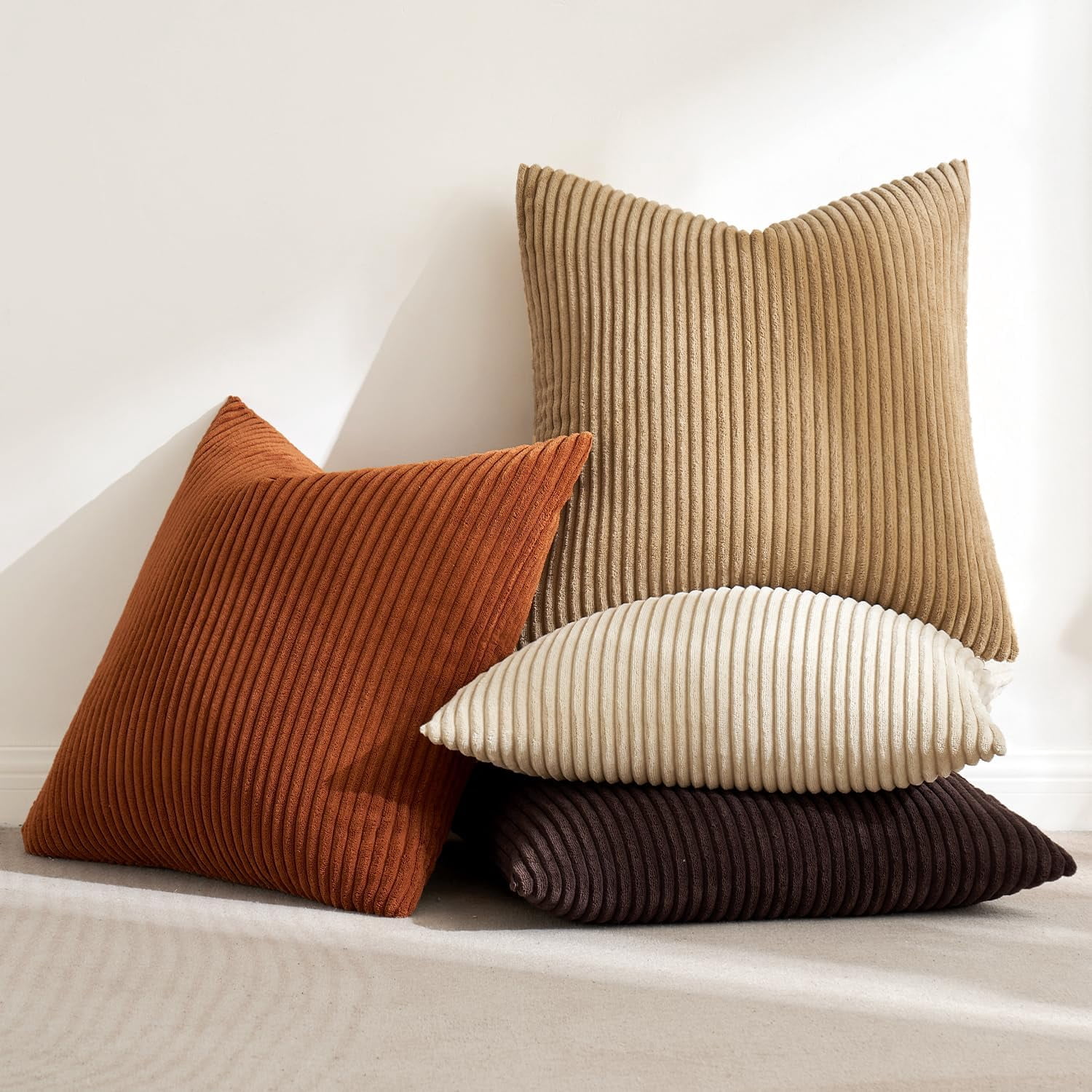 Boho Farmhouse Throw Pillow Covers 18x18 Inch Set Of 4 Rustic Mordern Neutral Cushion Soft Corduroy Nordic Home Decor For Couch Bed Sofa Living Room Chocolate Brown/rust