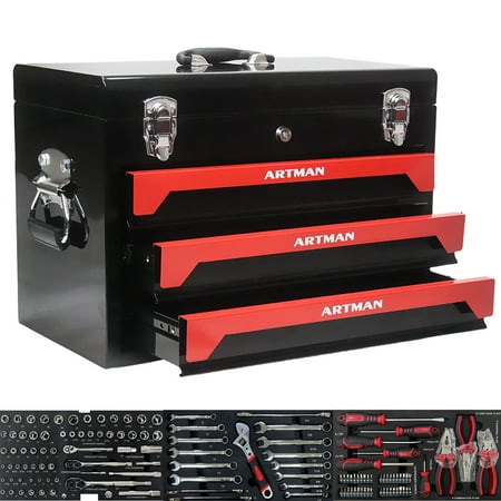 

339-Piece Mechanics Tool Set - Universal Professional Tool Kit with Metal Case Box 3-Drawer Tool Box With Tools Socket Wrench Sets Screwdriver Sets for Workshop Warehouse Repair Shop