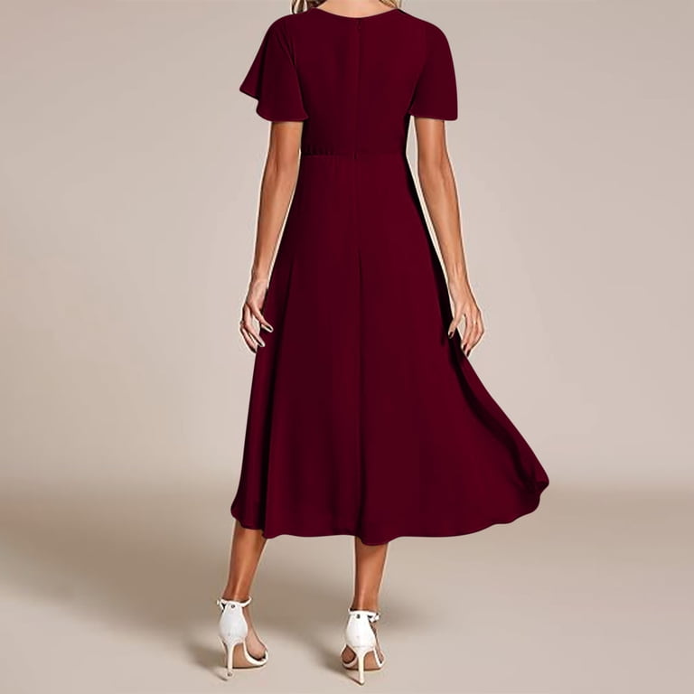 wine short bridesmaid dresses nerohusy Women's Short Bridesmaid Dresses Chiffon A Line V Neck Flutter  Sleeve High Low Wedding Guests Formal Evening Party Gown Wine,XL