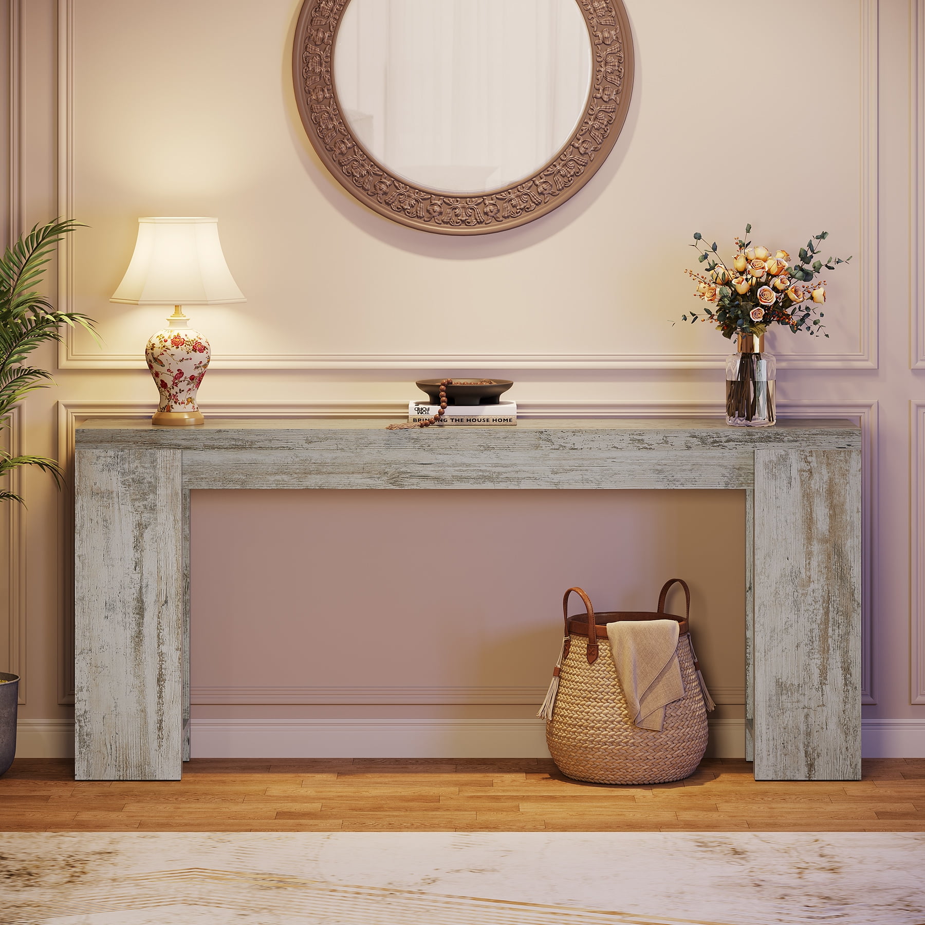 Finmind 71" Long Console Table, Narrow Distressed White Entryway Table Wood Sofa Table