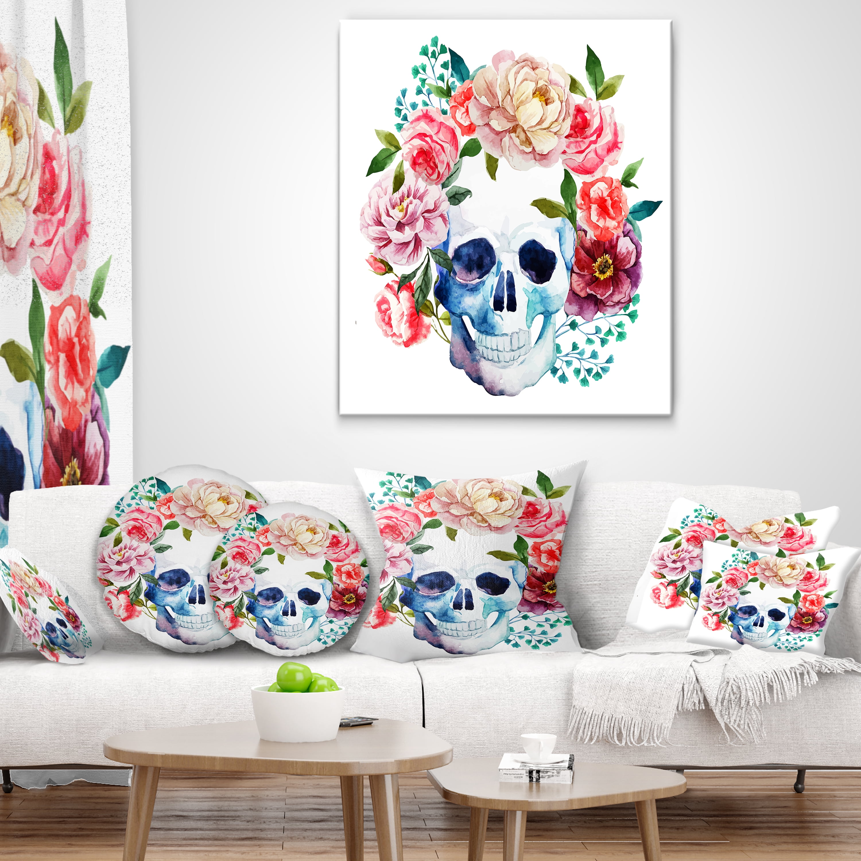 Designart Skull Bouquet Vector Art - Contemporary Throw Pillow - 18x18