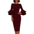 thumbnail image 2 of Karymi Sundress Elegant Solid Midi Sheath Dress, Crew Neck Tiered Bell 3/4 Sleeve Slim Fitting Knee Length Formal Party Wedding Guest Dress, 2 of 6