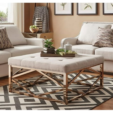 Modhaus Living Modern Upholstered Accent Coffee Table Tail Modhaus Living Modern Upholstered Accent Coffee Table Tail Ottoman With Champagne Gold Geometric Base Includes Pen Beige Linen Dimpled Tufts