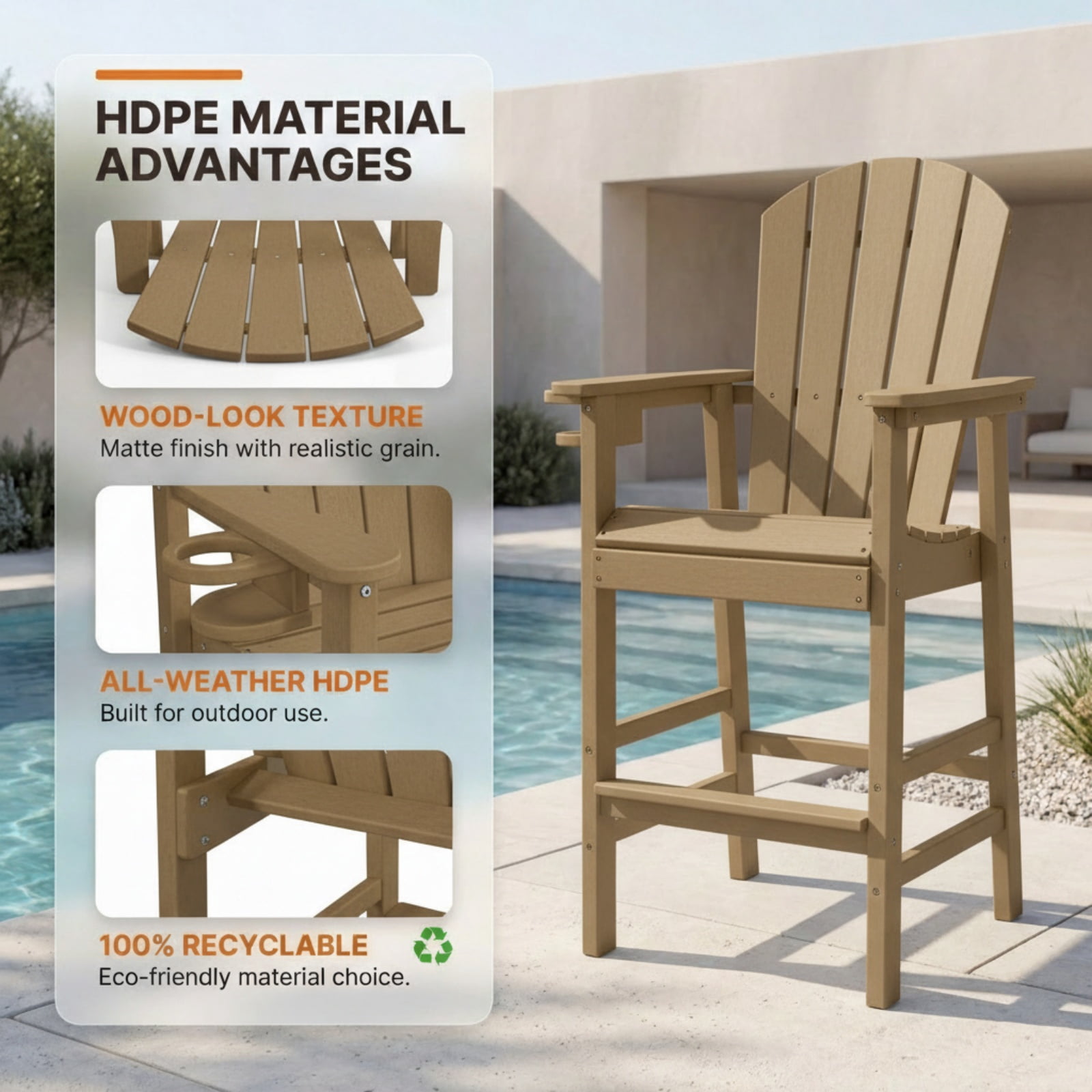 Bar Height Adirondack Chair with Cup Holder, Outdoor Patio HDPE Bar Chair with Armrests, Ergonomic High Back Chair for Deck, Porch, Backyard