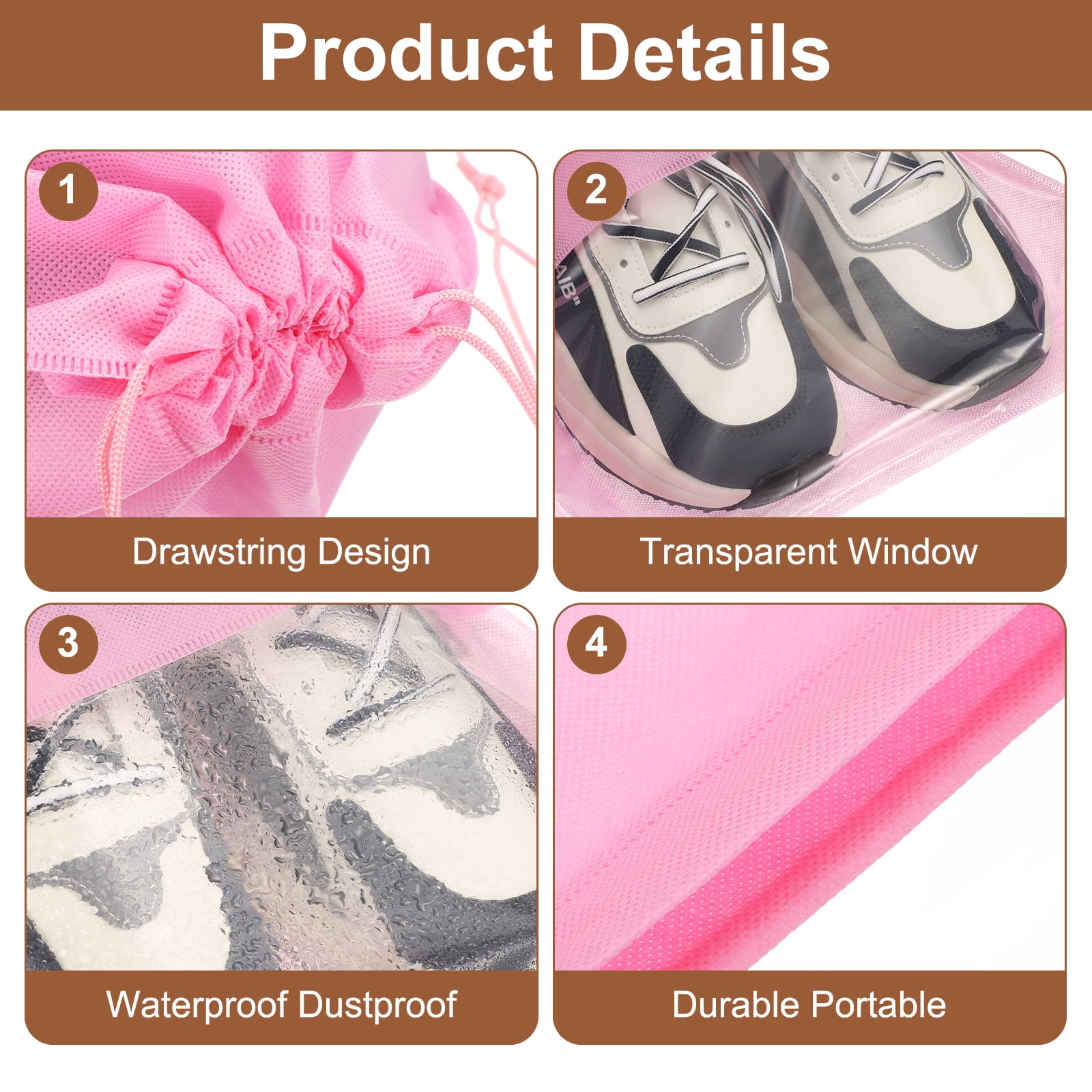 20pcs Travel Shoe Bags Non-Woven Drawstring Organizers Bags, Pink
