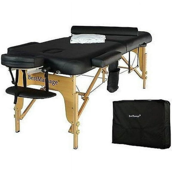 BestMassage 2 Fold PU Spa Table Height Adjustable with Towel Hanger Oil Pouch Half Bolster Non-Woven Bag,Black