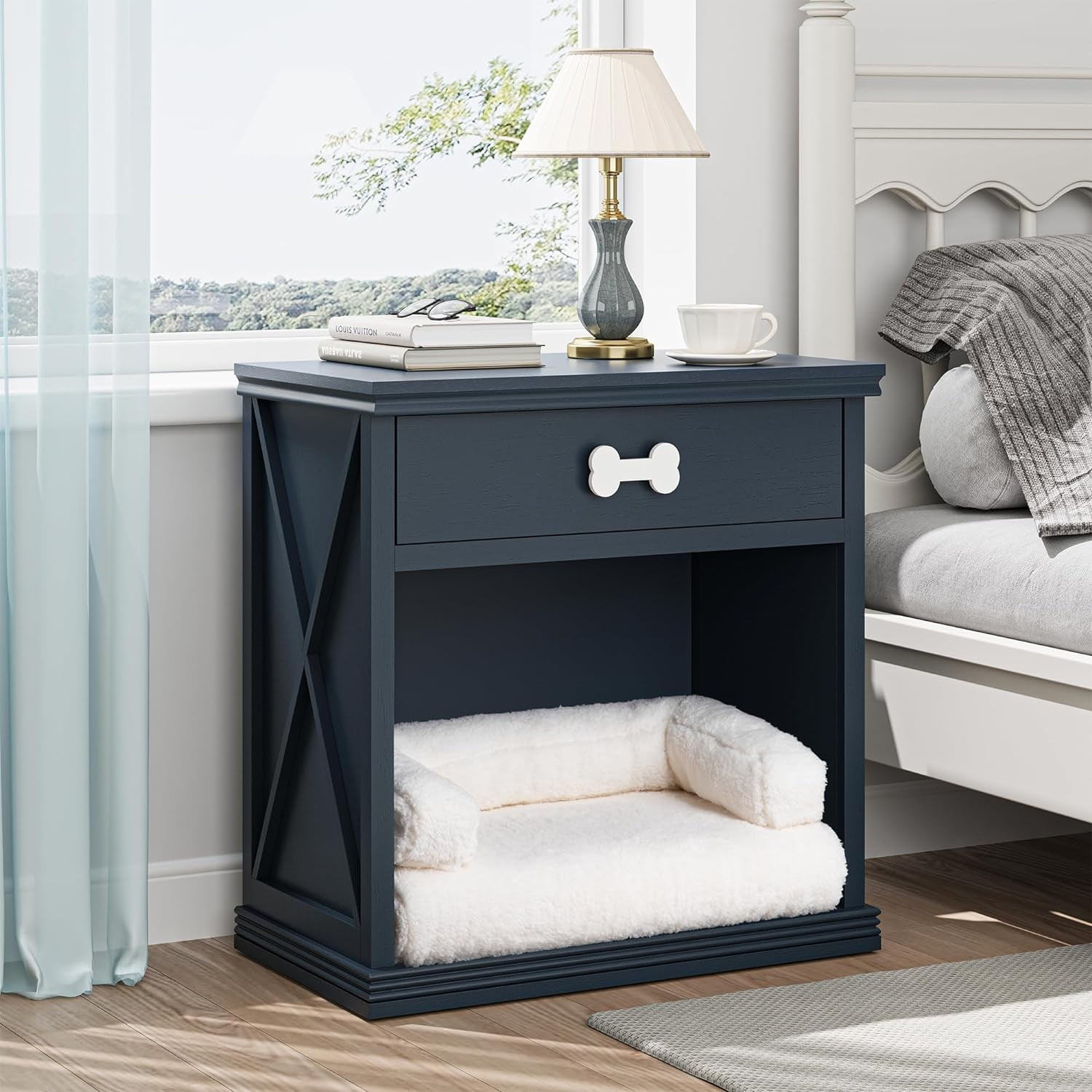 Royalcraft Vintage Small Storage Cabinet with Led Light, Hidden Cat Litter Box with Drawer and Semi-Open Space, Multi-Functional Nightstands with Pet House for Living Room, Bedroom, Blue