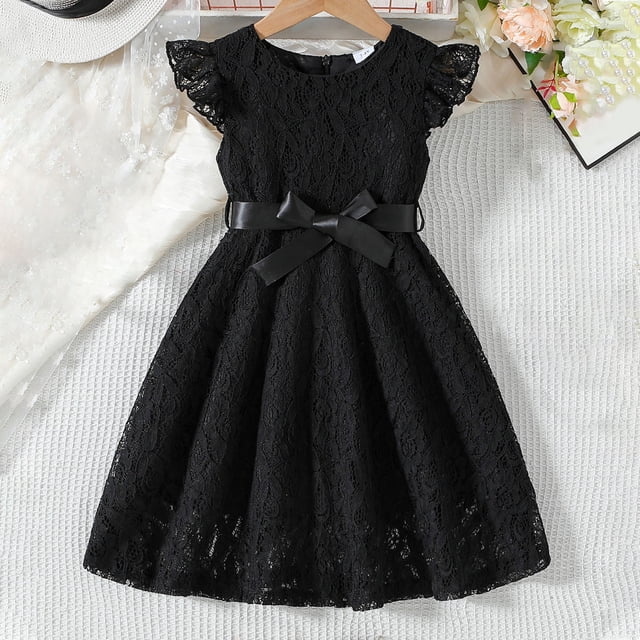 MKOSPLRT Robe de Bal Robe de Mariage pour Fille Dentelle Midi Robe Princesse Manches à Volants Robe de Soirée Fluide Unie Robes d'Été avec Ceinture