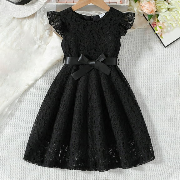MKOSPLRT Ball Gown Wedding Dress for Girl Lace Midi Princess Dress Ruffle Sleeve Swing Party Dress Solid Flowy Summer Dresses with Belt