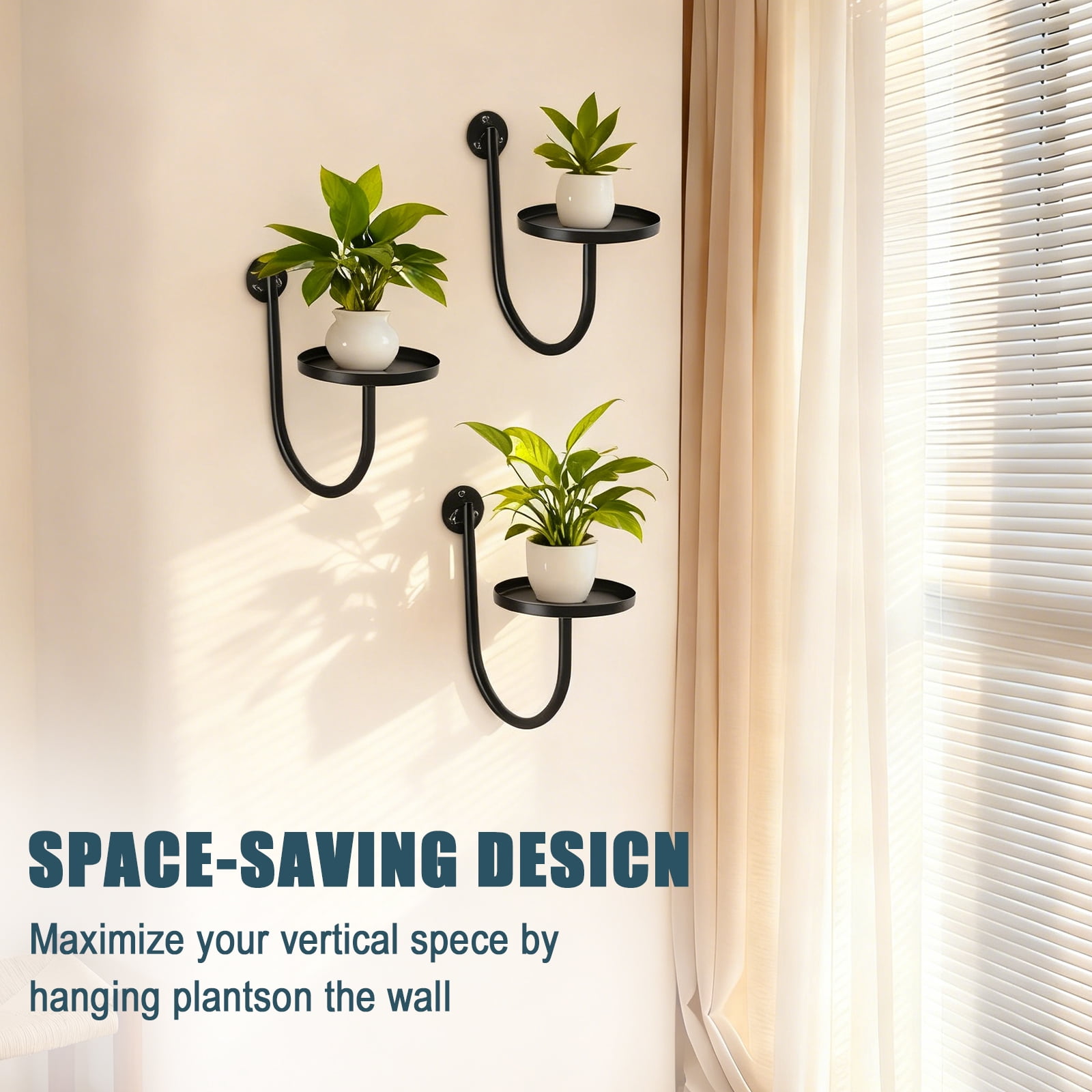 FOUKUS 3 Pack Wall Mounted Plant Holder: Metal Plant Shelves Wall Planters for Indoor Plants, Space Saving Hanging Shelf Decor Stand for Living Room, Window, Apartment