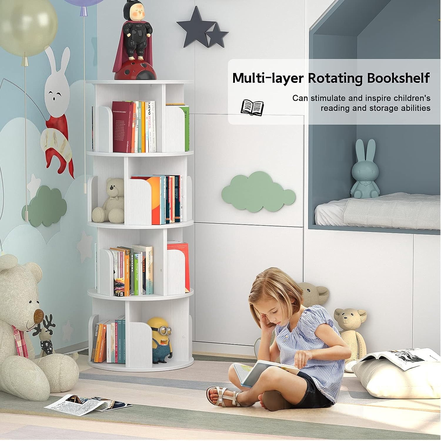 Homieasy Rotating Bookshelf, Small Corner Bookshelf for Small Space, 360 Display 4 Tier Floor Standing Bookcase Storage Rack, Wood Narrow Book Shelf Organizer for Bedroom, Living Room, White