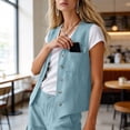 thumbnail image 4 of TEAJOPSUU Women's 2 Piece Linen Cotton Outfits Sets V Neck Button Vintage Vests Cargo Wide Leg Palazzo Pants with Pockets Matching Solid Sets Light Blue, 4 of 9
