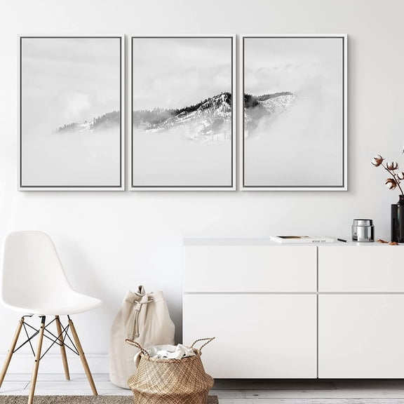 PixonSign Canvas Print Wall Art Set Mountain Peak Rises from Fog Nature Wilderness Photography Realism Southwest Landscape Ultra Black and White for Living Room, Bedroom, Office - 16"x24"x3 White