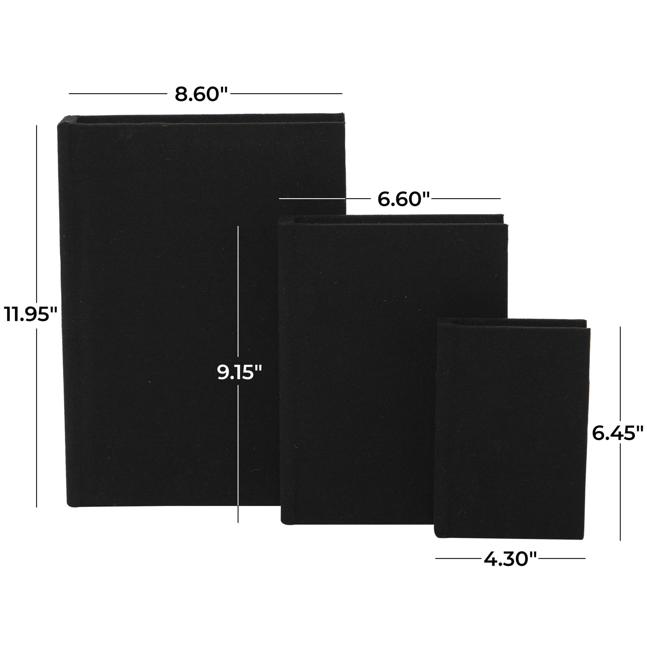 DecMode Textured Faux Book Storage Black Linen Fabric Decorative Box with Gold Page Detailing, 3 Count