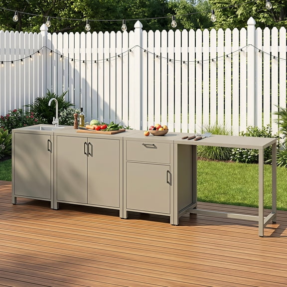 Aluminum Modular Outdoor Prep Table, Multi-Units with SUS304 Sink, Bar Table, Storage Cabinet & Double-Layer Worktop, Outdoor Prep Table for Patio, Heynemo