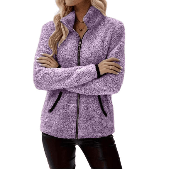 Mengpipi Women's Solid Color Fluffy Fleece Coat Casual Lapel Collar Full Zip Jacket S-2XL