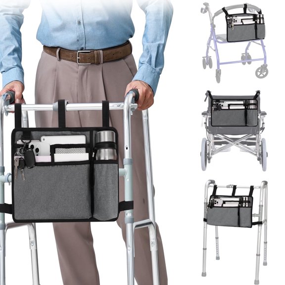 USIONE Manual & Power Wheelchair Armrest Bag with Cup Holder - for Mobility Scooter, Daily Use, Shopping & Medical Trips (Gray)