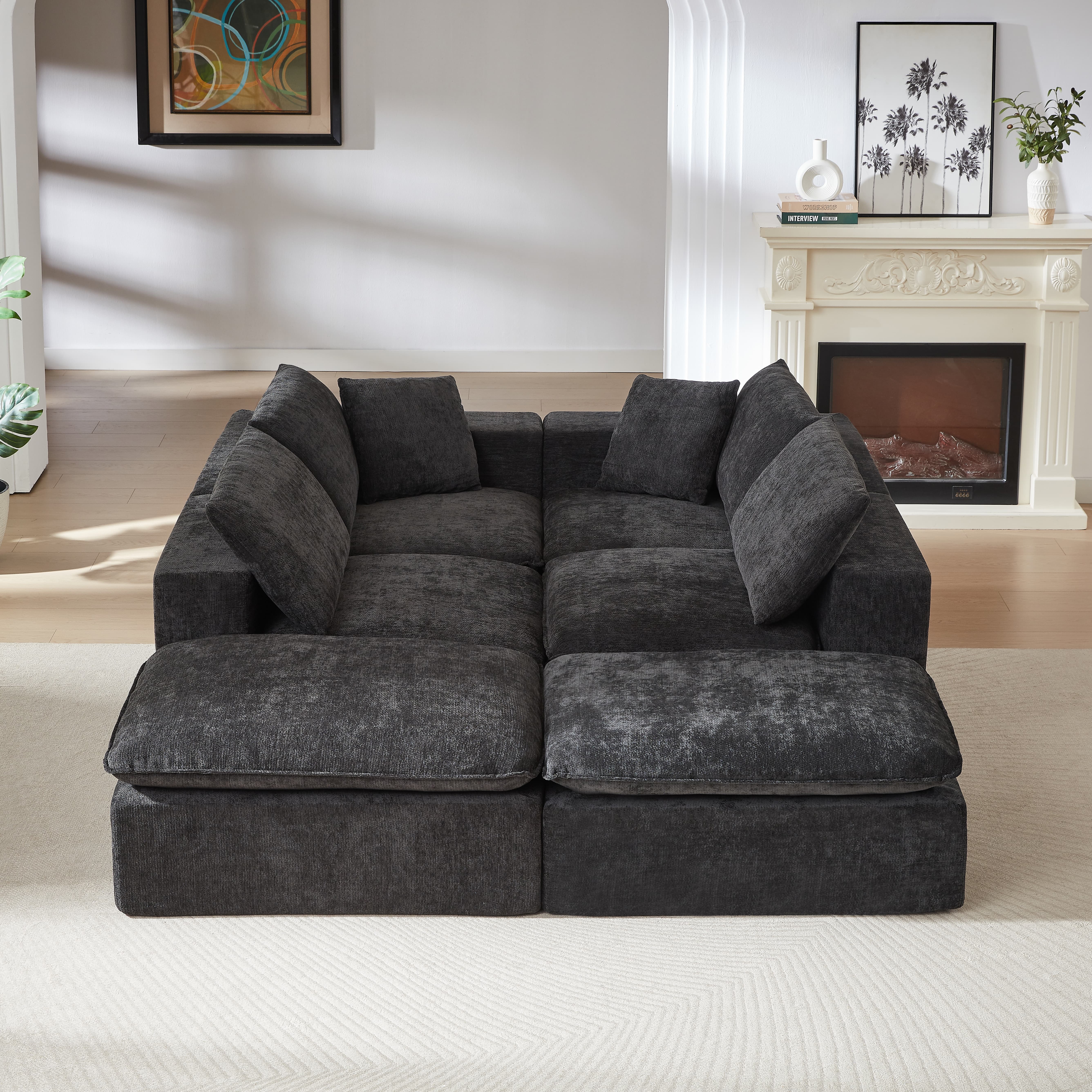 MAYEERTY Modern Modular Chenille Sofa, Black Cloud-Soft Sectional Couch for Living Room