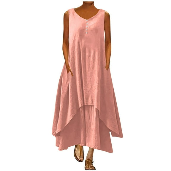 Umfun Women Plus Size S to 5XL Summer Dresses, Casual Solid Round-Neck Sleeveless Vest Long Dress, T-shirt Swing A-Line Beach Dress Pink