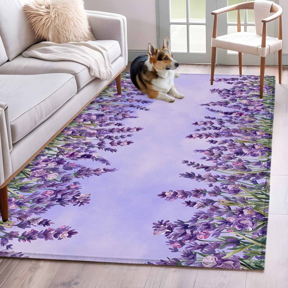 Kitchen Mats for Floor 3x5 Ft, Purple Lavender Non Slip Area Rugs for Kitchen Bedroom Entryway, Spring Watercolor Wild Flowers Plant Washable Carpet Runner Rug Floor Mats for Bedroom Home Decor