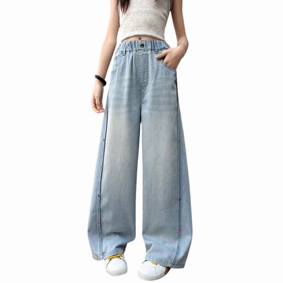 PLHWHYQ Toddler Girls Fashion Cute Personality Pants Elastic Waist Wide Leg Jeans Casual Demin Pants with Pockets Comfort Wear Blue 15-16 Years
