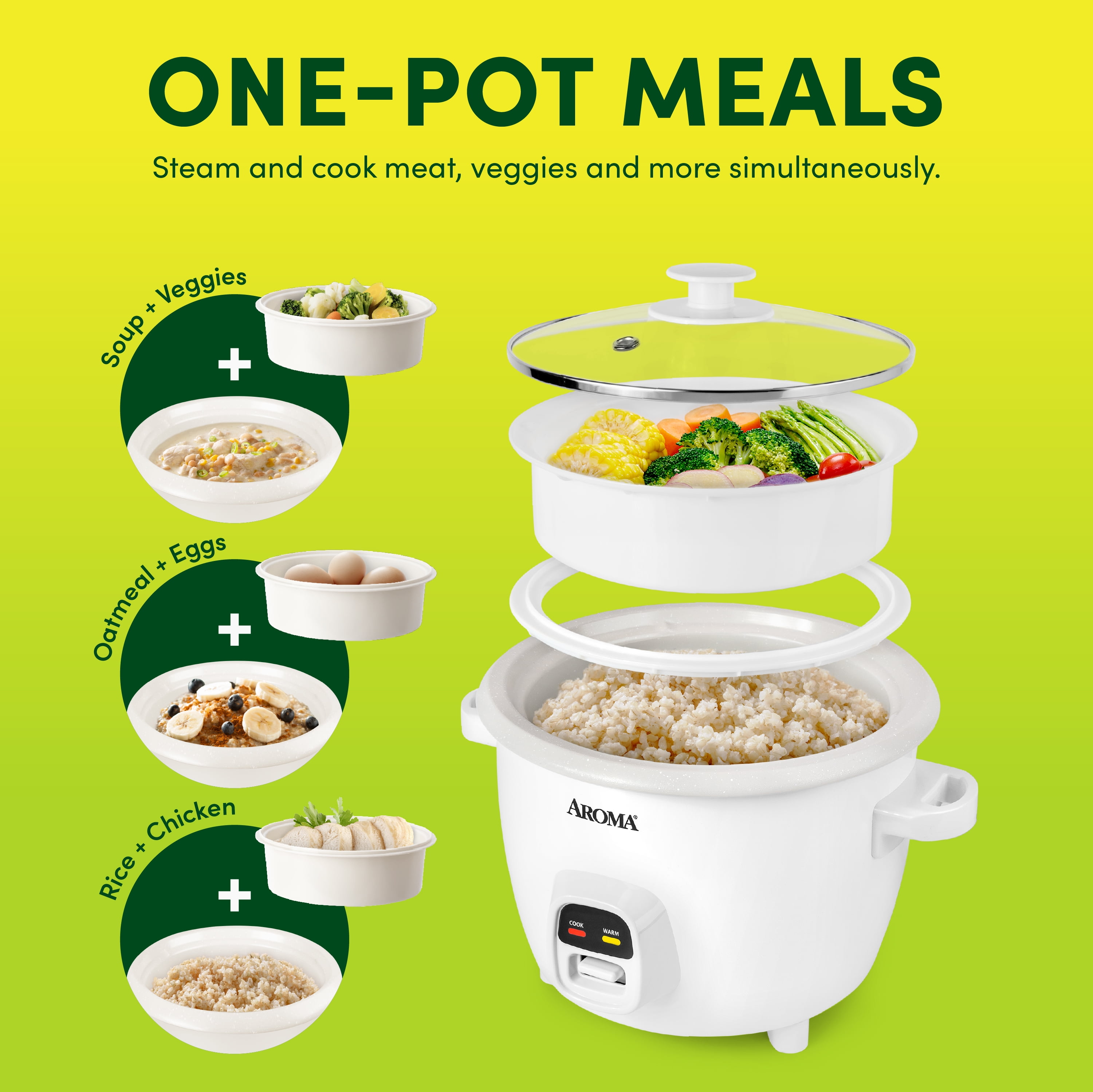 Aroma 20-Cup Rice Cooker & Food Steamer with Bonded Granite Nonstick Ceramic Pop-Up Steam Tray - White