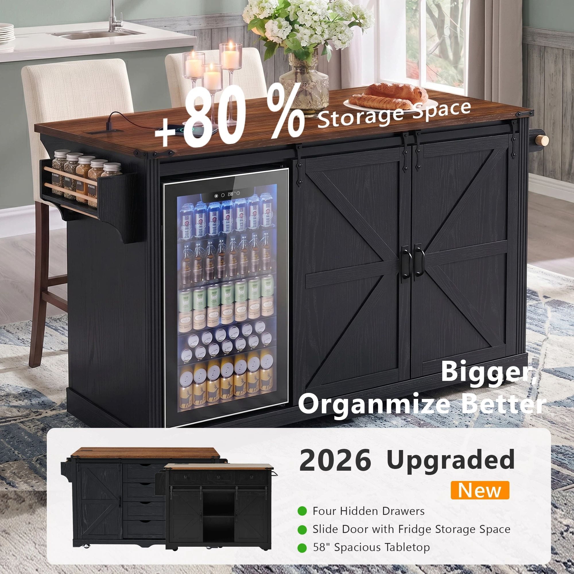 Euroco Kitchen Island on Wheels with Storage,Coffee Bar Cabinet with Fridge Space,Power Outlet,4 Drawers,Glass Holder & Drop Leaf,Rolling Island Kitchen Table for Dining Room,Black