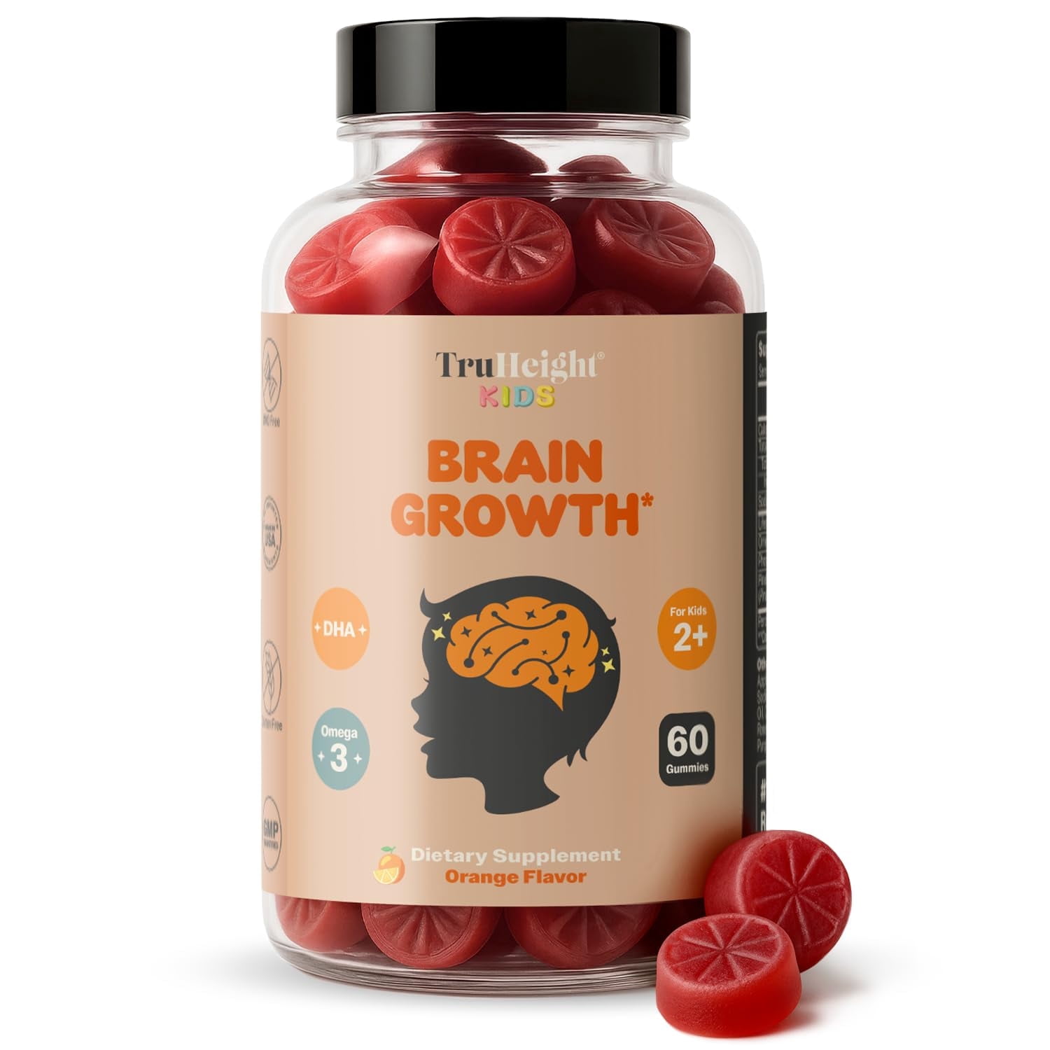 TruHeight Kids Brain Growth Gummies (Orange, Ages 2+) All Natural Kids & Teens Vitamins, Omega 3 Gummies Supports Brain Growth, Mental Clarity, Focus, Eye Health, Memory Supplements, DHA Multivitamin