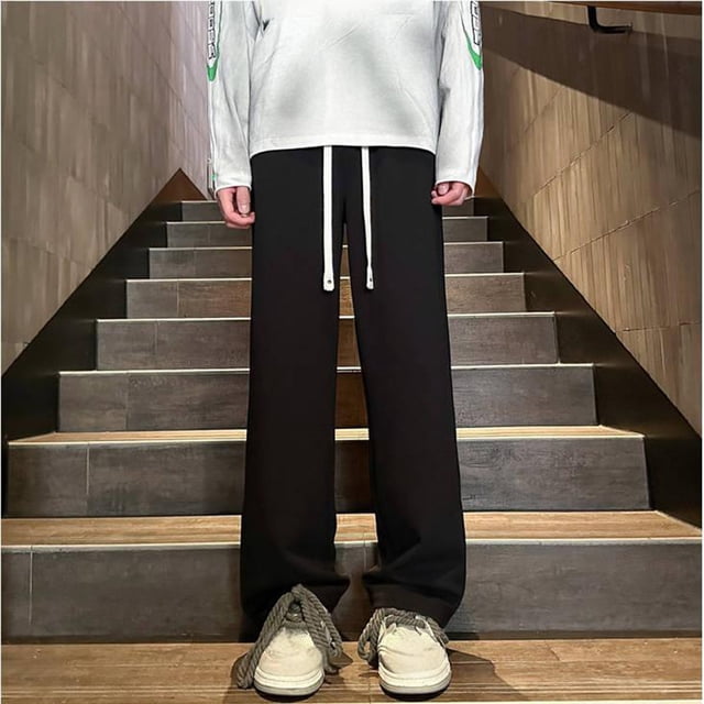 Pantalones largos para hombre, color liso, con bolsillos y cordón, abertura para el pie y cremallera, de poliéster.