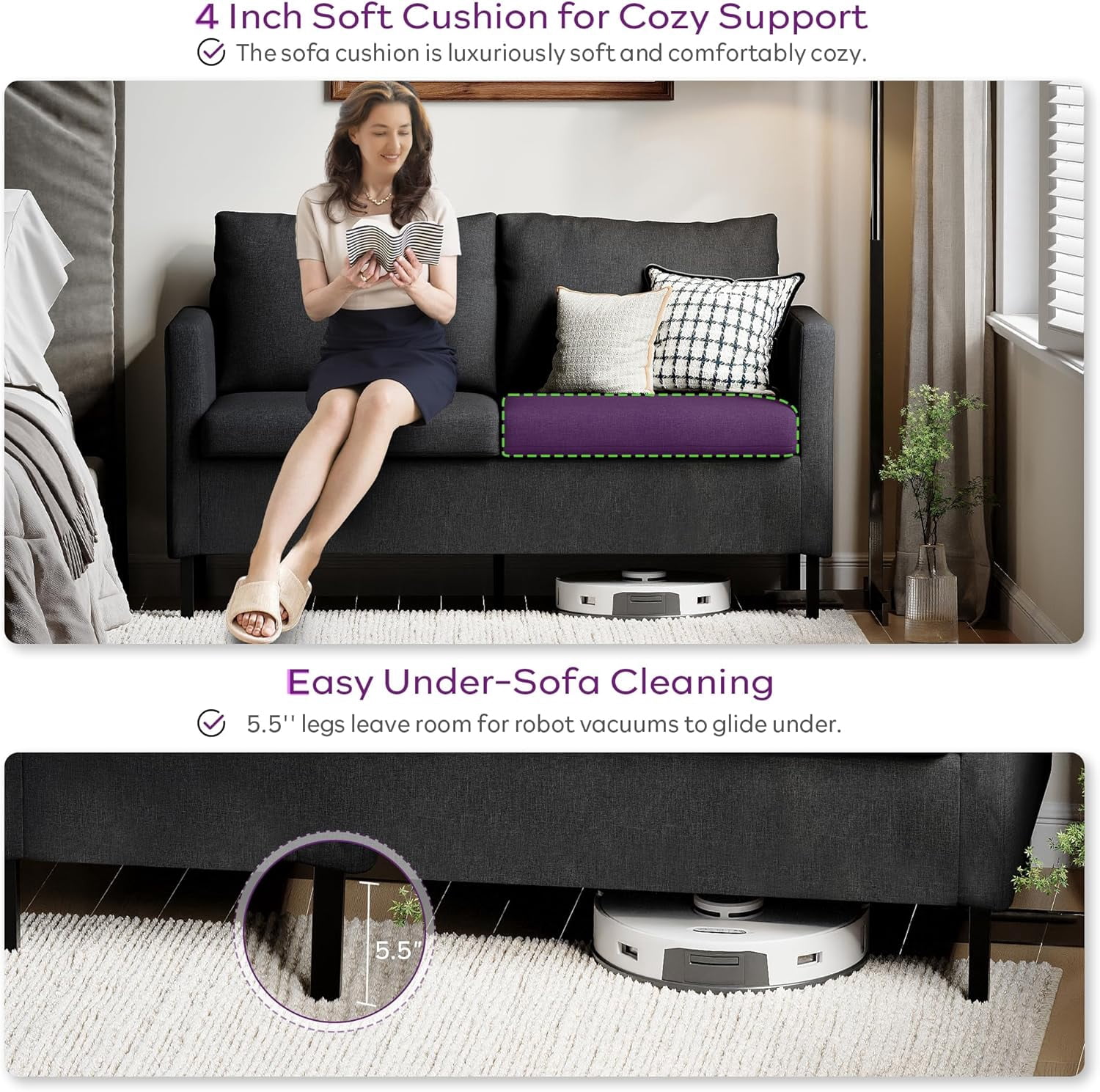 LAZZO 51" Modern Loveseat Sofa, 2-Seater Linen Fabric Couch for Bedroom & Office, Gray