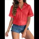 thumbnail image 3 of Camisa de Algodón con Botones y Dobladillo Enrollado para Mujer, de Corta, Informal, de Verano, con Cuello en V, para Playa. Color Naranja XL, 3 of 8