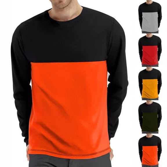Men's Spring Fall Long Sleeve Tee Shirts Color Block Pullover Casual Round Neck Fitness Sports Basic Tops