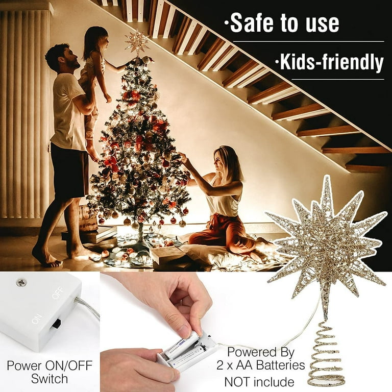 Luxspire Christmas Tree Topper, LED Lighted Tree Topper, 10.6 Double-Layer Glitter Metal 3D Decorations Lights, Built in 60 Bulbs Xmas Star Vintage