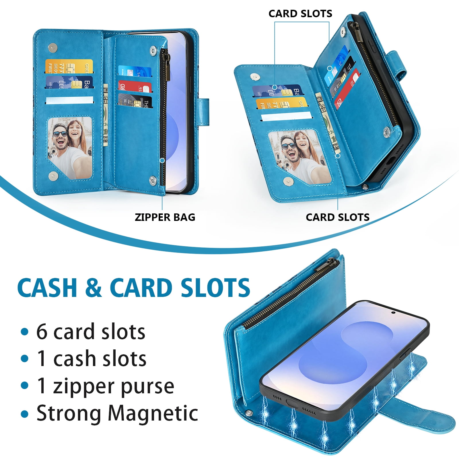 Asuwish Phone Case for Samsung Galaxy S25 5G Zipper Wallet Magnetic Detachable Cell Cover with Tempered Glass Screen Protector Crossbody Strap Flower Card Holder Slot S 25 25S G5 Women Girls Blue