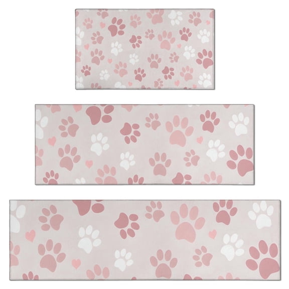 Pink Dog Paw Kitchen Rugs Sets Of 3,Kitchen Runner Rugs Non Skid Washable,Decorative Kitchen Floor Mats for Kitchen,Sink,Laundry,17"x30" 17"x47" 17"x59"