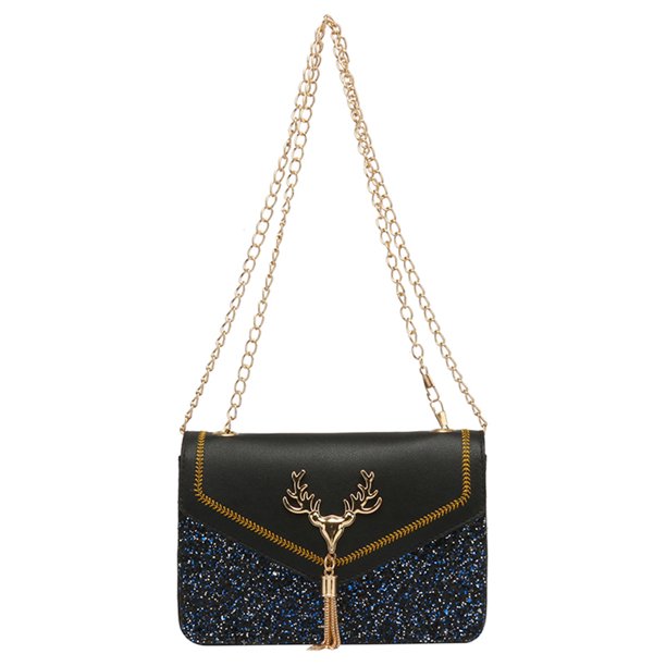 Moda mujer PU Hit Color Crossbody bolso cadena lentejuelas borla monedero (negro) Likrtyny multifunción de oficina