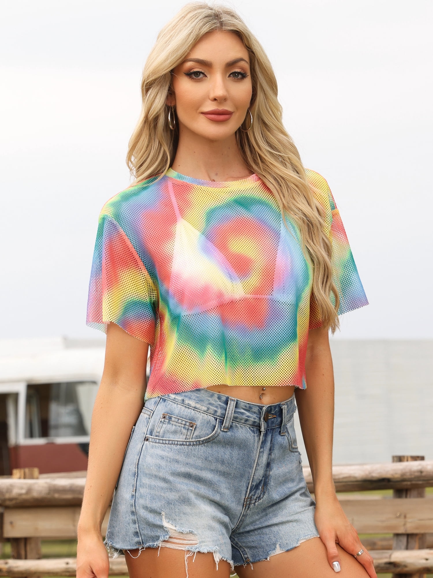 DARING DIVA Women's Mesh Fishnet Top Short Sleeve See Through Cover Up M Rainbow