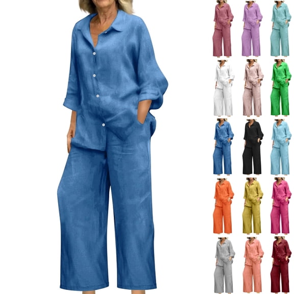 Linen Sets For Women 2 Piece Long Sleeve Shirts & Wide Leg Trousers Loose Workout Gym Lounge Outfits