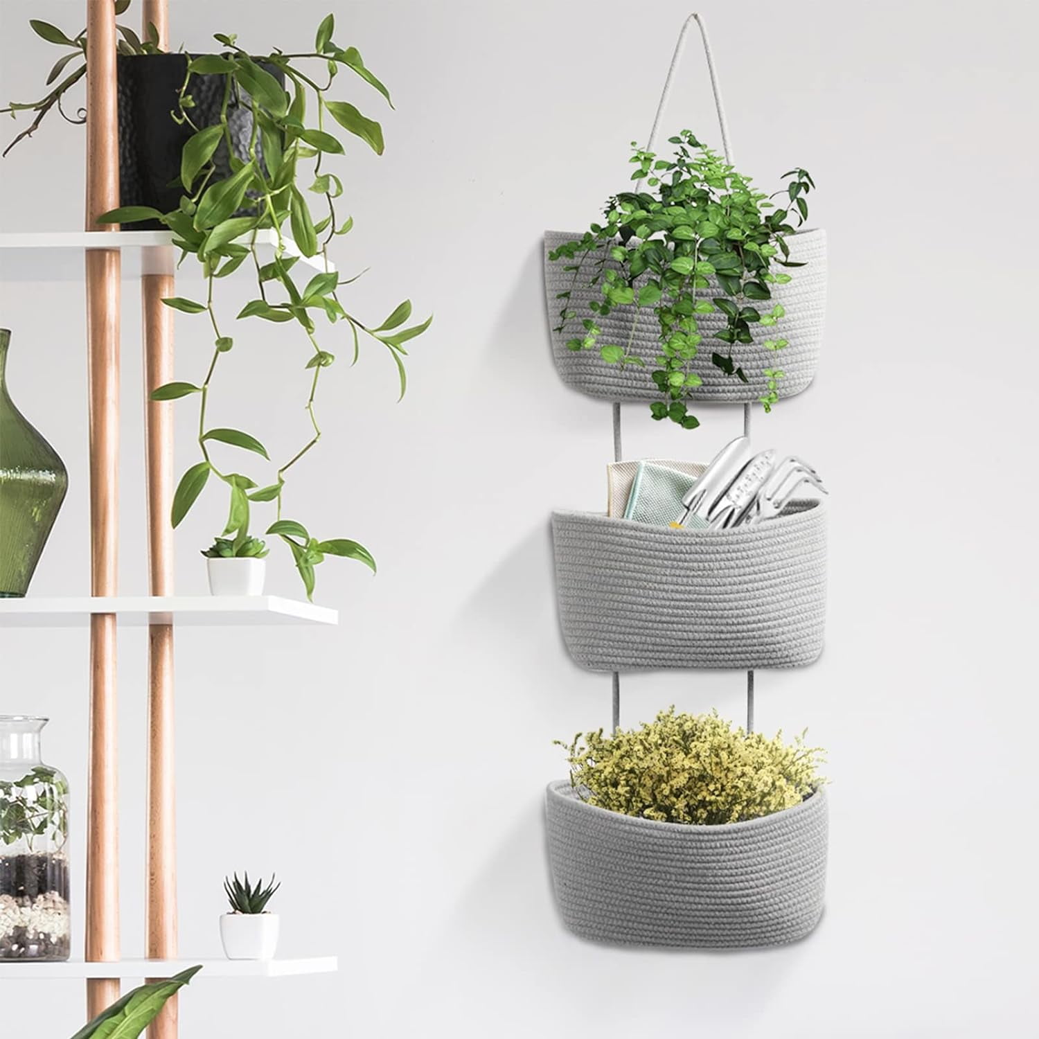 Over the Door Hanging Basket, 3-Tier Woven Cotton Wall-Mounted Storage Organizer Bag Decorative Hanging Nursery Baskets - Jute