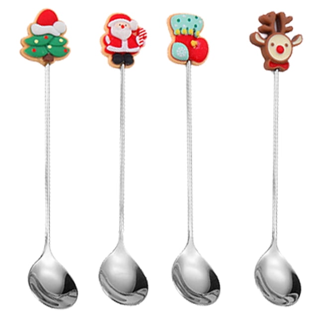 Tenedores y cucharas navideñas, cuchara agitadora, cuchara de té, cuchara de café con colgante navideño para decoración de vajilla de fiesta de Navidad, 4 unidades por juego