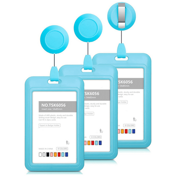Retractable Badge Holders, Hard Plastic Sliding ID Holder with Reel Clips , 3 Pack Light Blue
