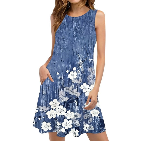 Uaswgudfs Women's Sleeveless A-Line Flowy Tank Dress - Casual Summer Sundress with Floral Accents for Social Occasions Blue L