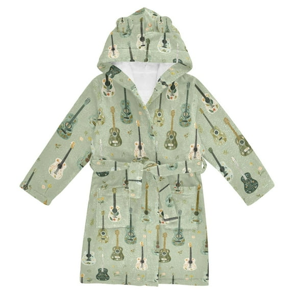 FORMRS Niños Bathrobe Unisex Hooded Robe Soft Plush Pajamas Sleepwear, Size 2-3T, Green Floral Guitar Pattern
