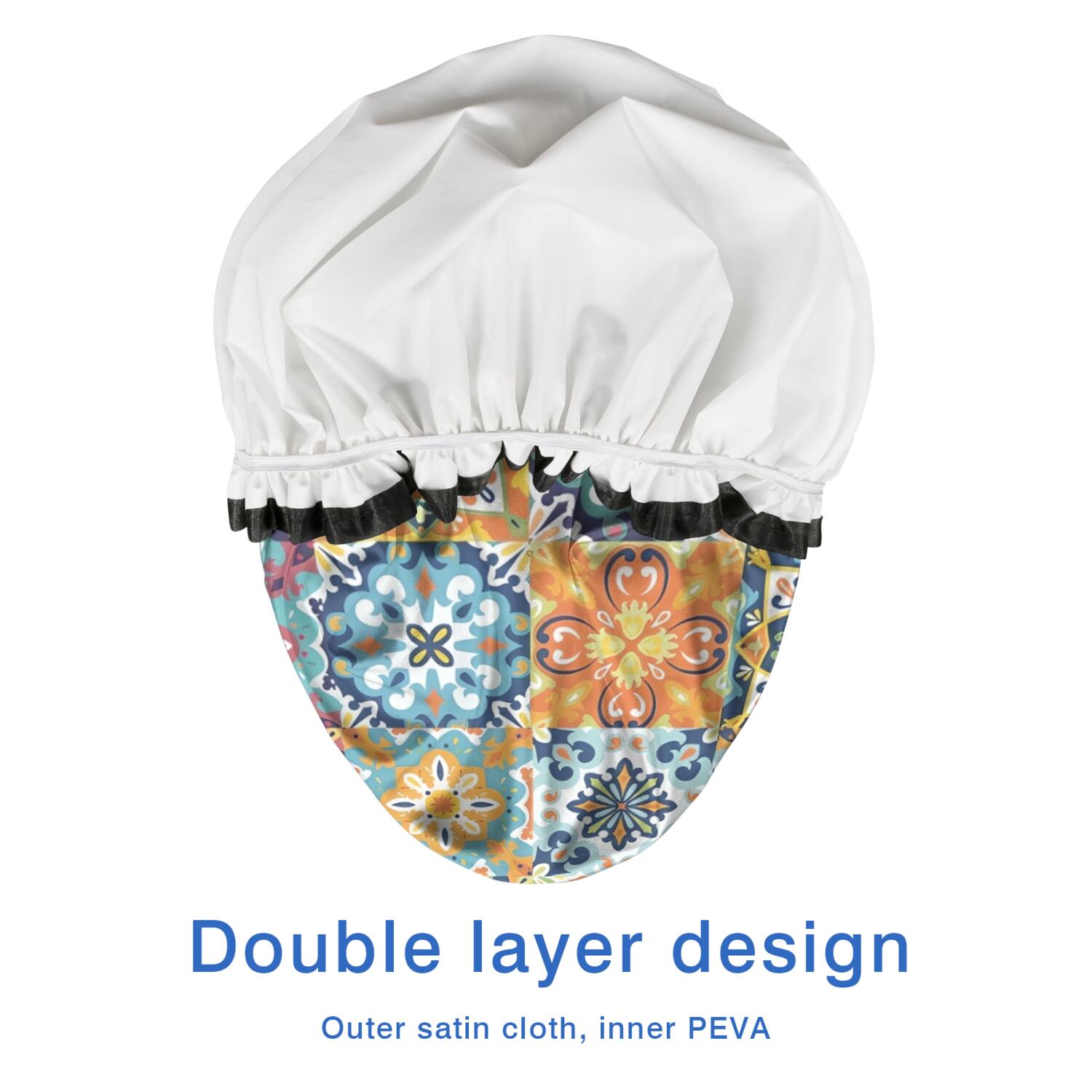 Shower Caps,Blue Boho Bohemia Floral Geometric Pattern Waterproof Shower Cap for Women 4 Pieces,Double Reusable Hair Cover for Shower PEVA Elastic Stretch Hem