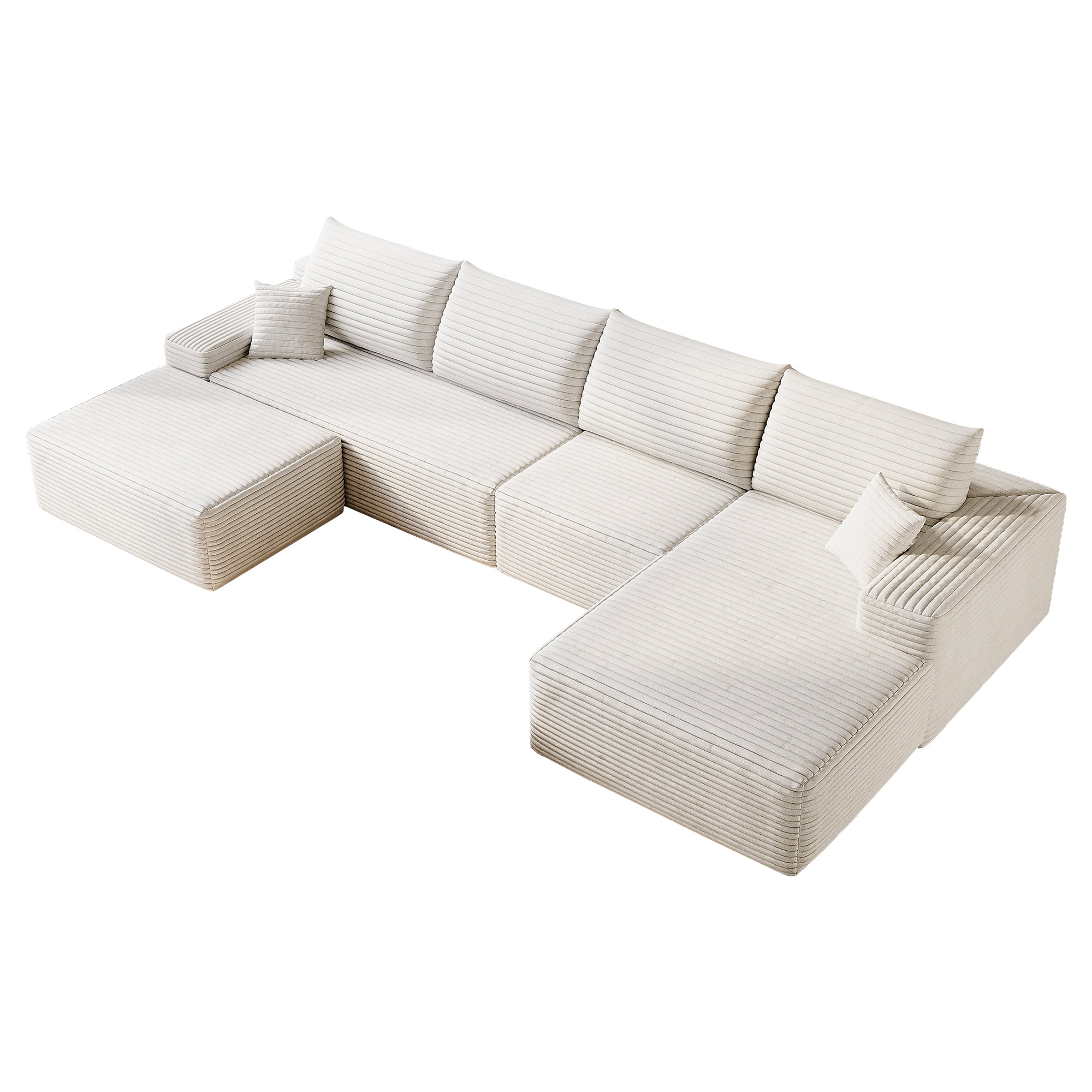 MAYEERTY 135" Cloud Sectional Sofa with 1 Ottoman, Modern Minimalist U-Shaped Deep Seat Couch, No Assembly Plush Corduroy Fabric, White (4 packages)