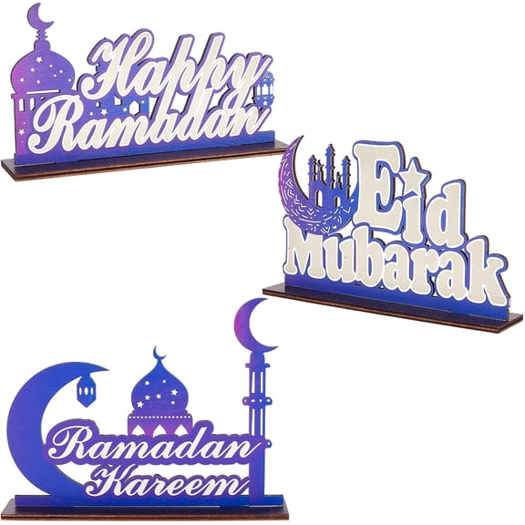 3Pcs Ramadan Table Decoration Eid Mubarak Kareem Wooden Ornaments Centerpiece Islamism Sign Moon Table Top for Gifts Home Office Home Bedroom Party Decorations for DIY